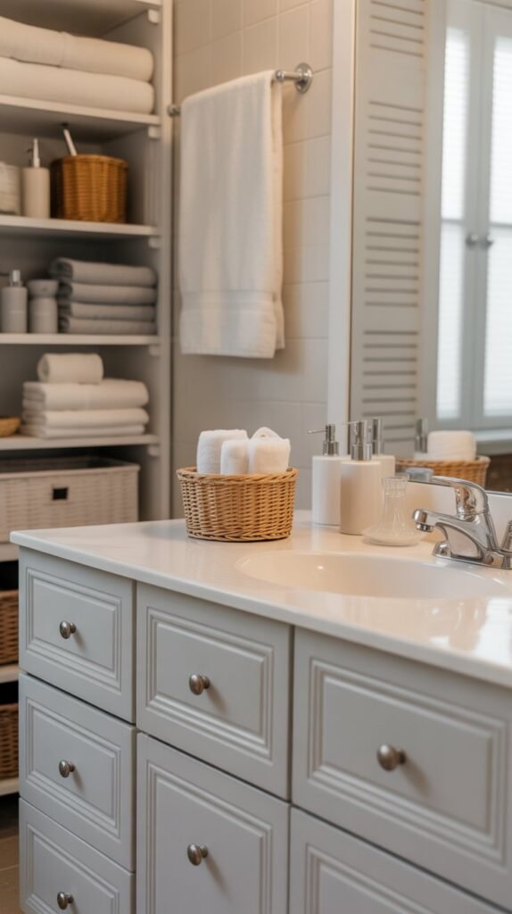 A calm bathroom scene showing a tidy vanity countertop, organized drawers, and neatly stored towels in the background. The image emphasizes simple systems and an uncluttered daily routine.