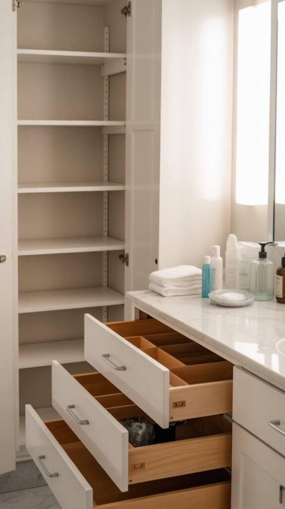 An empty bathroom vanity and linen closet with shelves cleared and items grouped neatly on a countertop. The image highlights the decluttering and reset phase before organizing begins, with a clean, intentional feel.