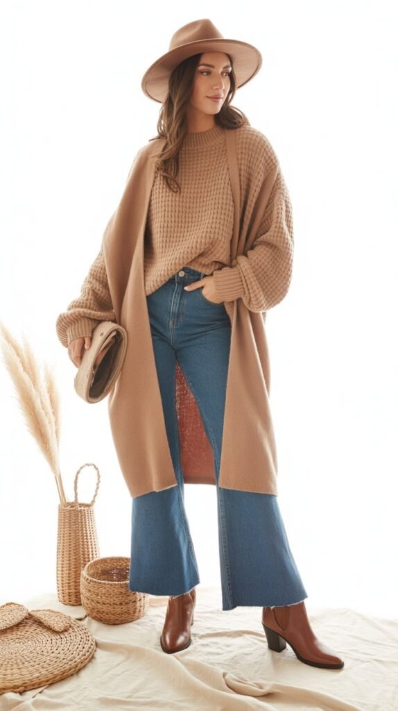 A soft, oversized chunky knit sweater in neutral beige paired with high-waisted flared jeans. The outfit is accessorized with a cozy earth-toned scarf, ankle boots, and a wide-brimmed hat. The look is styled with a touch of boho elegance, featuring natural textures and earthy colors that embody a warm, cozy winter vibe.