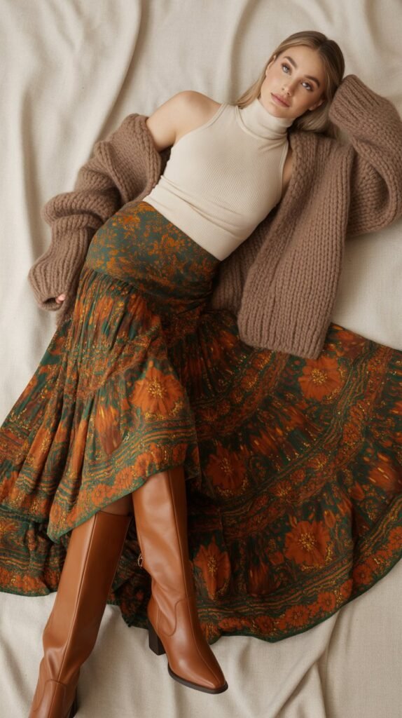 A flowy boho-inspired floral maxi skirt in rich autumn hues like burnt orange and deep green, paired with a fitted thermal turtleneck in a neutral shade. The outfit is layered with a chunky cardigan and finished with knee-high boots. The combination exudes bohemian elegance, effortlessly blending warmth with style.