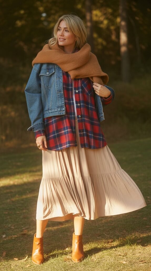 A relaxed plaid shirt layered over a flowing midi or maxi skirt with multiple layers. The outfit is paired with a chunky scarf, ankle boots, and a denim jacket or suede vest for an added boho touch. The plaid shirt provides a rustic, earthy vibe, while the layered skirts add movement and texture.