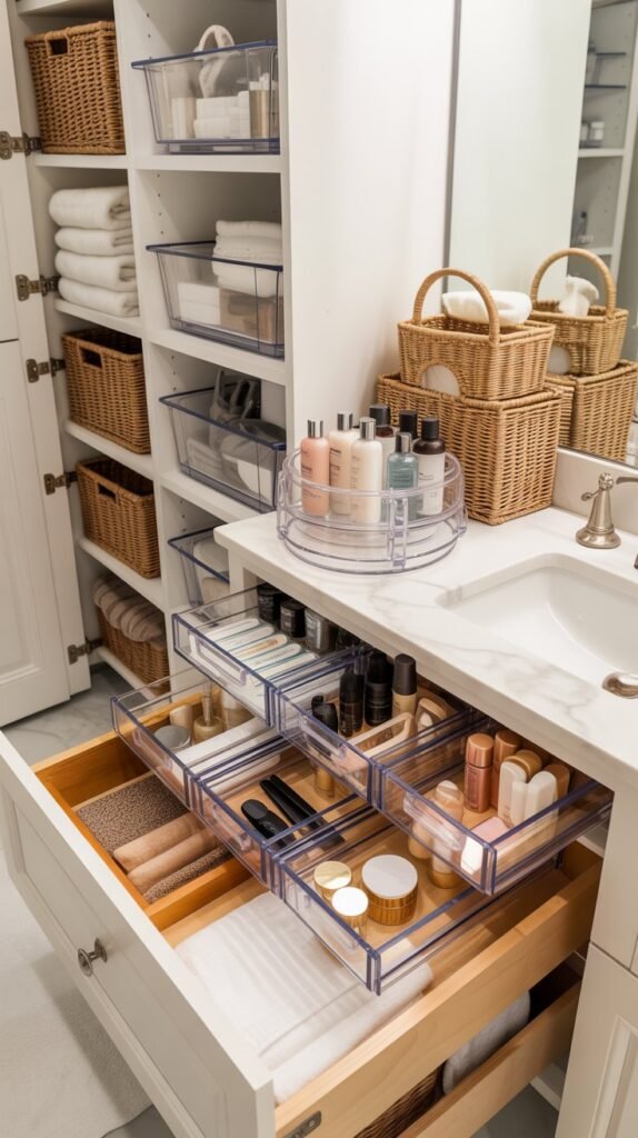 A fully organized bathroom vanity and linen closet showing clear drawer organizers, stackable bins, lazy Susans, and labeled storage containers arranged by category for everyday use.