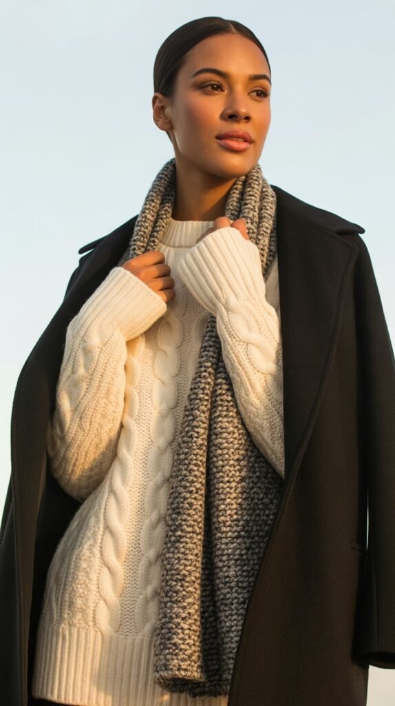 Sweaters are where boho winter layering really comes to life. Texture is key to creating depth without bulk.Wear a chunky knit sweater, a cable knit pullover, or a relaxed cardigan over your base layer. Slightly oversized fits work best because they allow layers to breathe and feel comfortable.