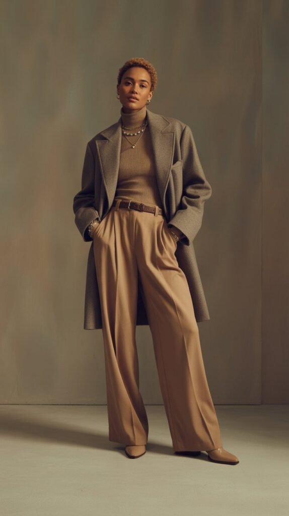 A tailored wool coat layered over a fitted turtleneck, paired with wide-leg trousers for a polished yet relaxed look. The outfit is completed with a belt to cinch the waist, ankle boots, and layered necklaces. The wool coat adds sophistication, while the wide-leg trousers bring in that free-spirited boho vibe.