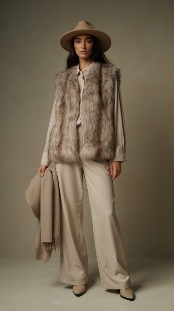 A plush faux fur vest layered over a simple long-sleeve shirt, paired with high-waisted wide-leg pants. The outfit is completed with ankle boots, a floppy hat, and an oversized scarf. The faux fur adds glamour and texture, while the high-waisted pants keep the silhouette chic and comfortable.