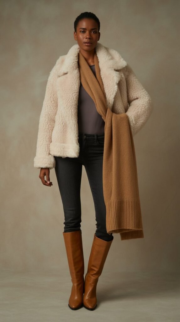 A luxurious shearling jacket layered over a simple long-sleeve top and paired with fitted skinny jeans. The look is finished with tall boots and an oversized scarf, creating a chic, boho-inspired silhouette. The shearling jacket provides the perfect balance of warmth and style, adding an elevated touch to the outfit.