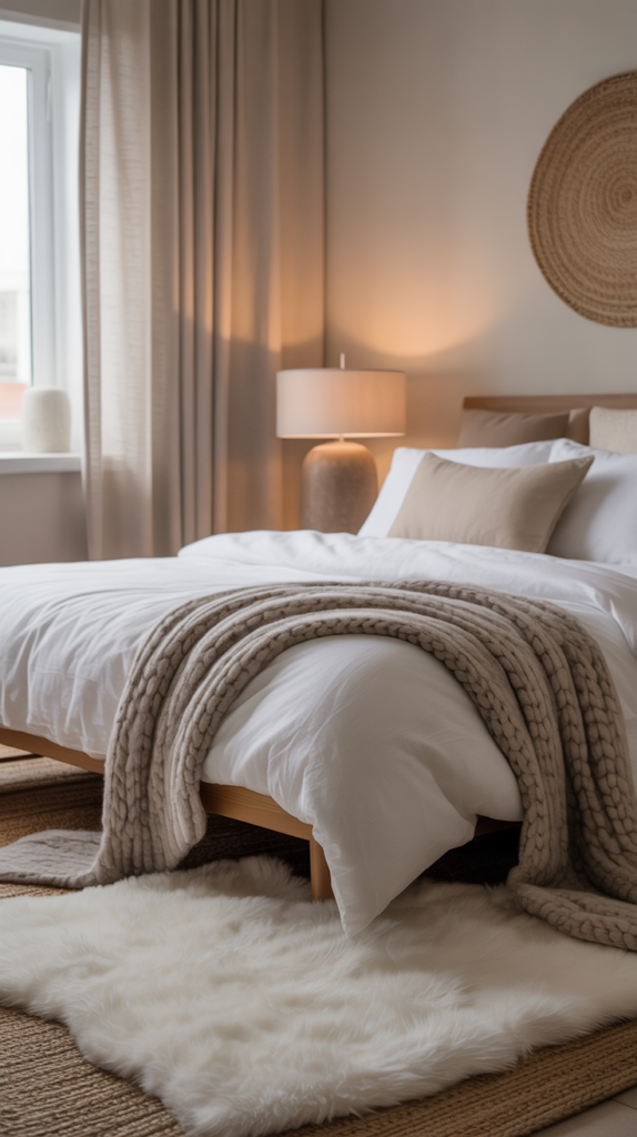 You pull back the blanket and sink into bed, and the sheets feel like soft clouds against your skin. A knitted throw drapes casually at the end of your bed, inviting you to wrap up and get cozy. The rug underfoot is so plush it feels like stepping into a spa. Every texture plays its part in creating a space that invites total relaxation.