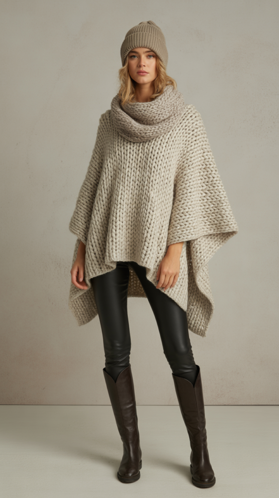 A chunky knitted poncho in a neutral shade of cream or gray, paired with sleek black leggings or skinny jeans. Tall boots add a touch of boho flair, while a slouchy beanie and a cozy scarf complete the ensemble. The look is comfortable yet fashionable, perfect for layering during the colder months.