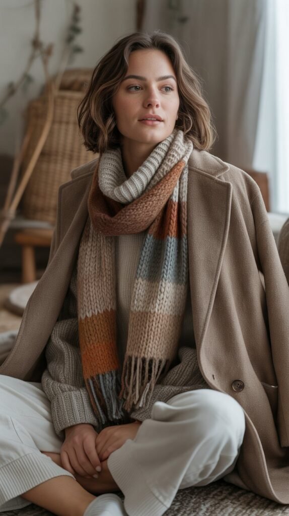 Professional lifestyle photograph of a model wearing a layered boho winter outfit indoors. Cozy environment with natural textures, soft lighting, relaxed posture. Outfit includes layered knits, scarf, and neutral toned coat. Pinterest friendly editorial style.